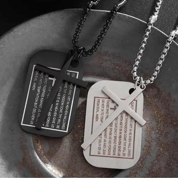 Dog Tags Style Stainless Steel Engraved Scripture Cross Pendant Necklace NWT - Picture 1 of 9